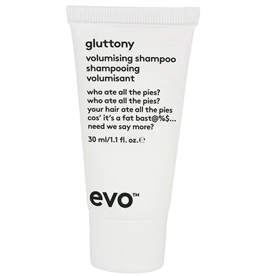 Hvid tube med sort logo og skrift. Evo Bride of Gluttony Volumising Shampoo