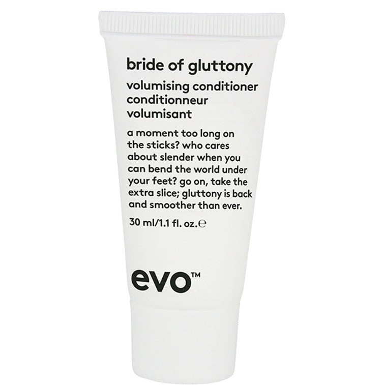 Hvid tube med sort logo og skrift. Evo Bride of Gluttony Volumising Conditioner