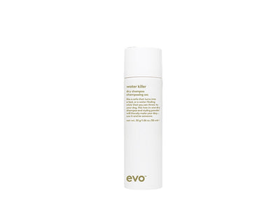 Hvid beholder med grønt logo og skrift. Evo Water Killer dry shampoo.