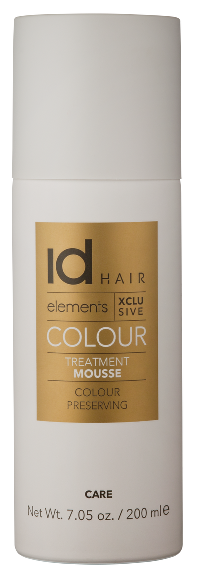 Hvid spray med guld logo. Id Hair Xclusive Colour Treatment Mousse.