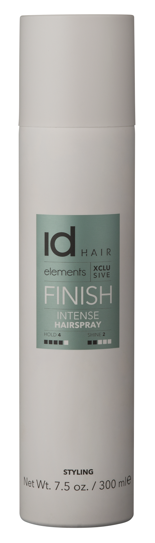 Hvid spray med turkis metallic logo. Id Hair Elements Xclusive Intense Hairspray.