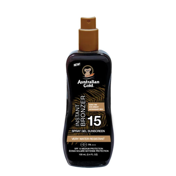 Australian Gold - Solcreme lotion m. spray, SPF 15 m/Bronzer - 100 ml.