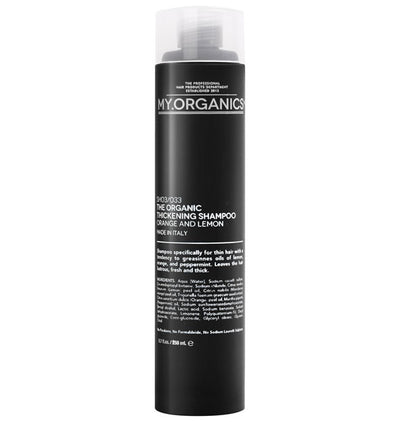 Sort flaske med hvid skrift. Organic Thickening Shampoo fra My.Organics.