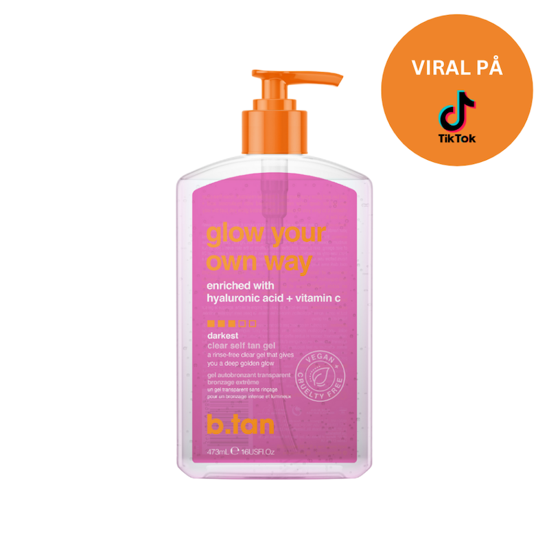 Cool gennemsigtig flaske med orange pumpe og pink etiket. Viral på Tik Tok sticker. b.tan glow your own way.