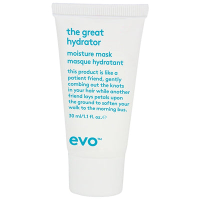 En stilig hvid EVO tube "the great hydrator" moisture mask med turkis skrift på en ren hvid baggrund.