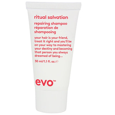 Hvid tube med rødt logo og skrift. Evo Ritual Salvation Repairing Shampoo