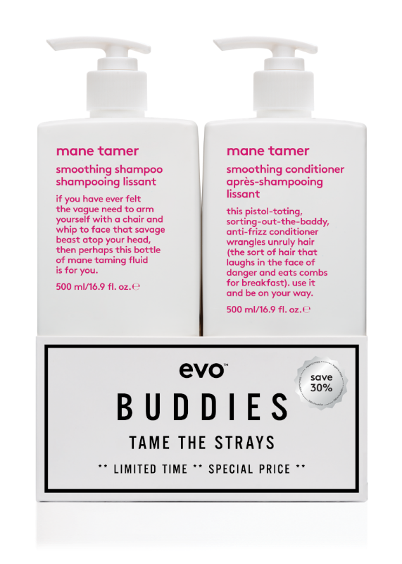 To hvide beholdere med pump, pink logo. Evo Best Buddies Mane Tamer Smoothing Shampoo