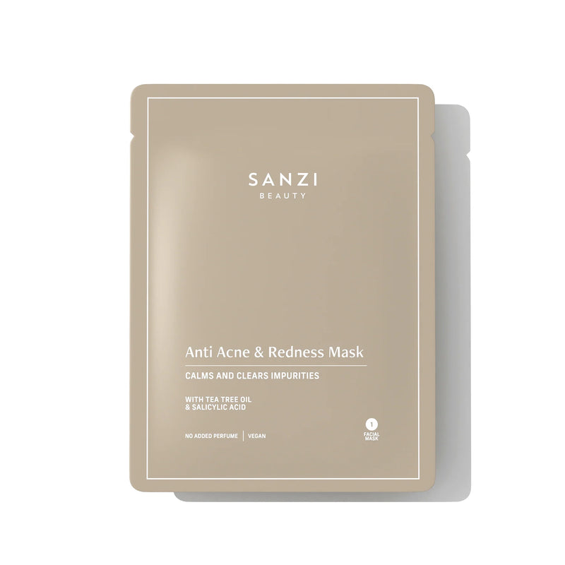 Sirlig sandfarvet brev med Sanzi Beauty Anti Acne and Redness Mask i hvid skrift.