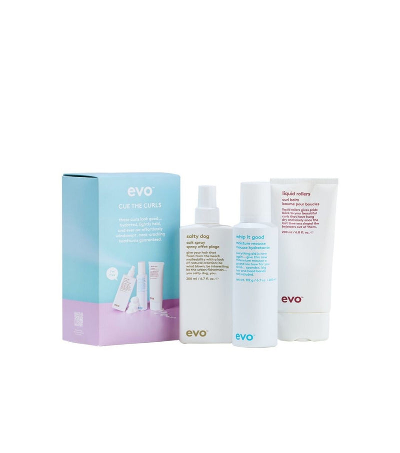 evo cue the curls - styling
 liquid rollers & whip it good + salty dog