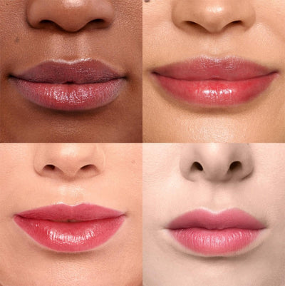 eksempel på fire nuancer af den fantastiske Wonderskin læbestift lagt på en model. Wonderskin Blading Lip Stain