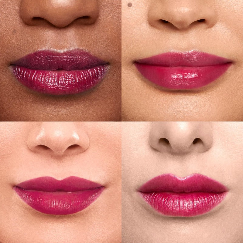 eksempel på fire nuancer af den fantastiske Wonderskin læbestift lagt på en model. Wonderskin Blading Lip Stain