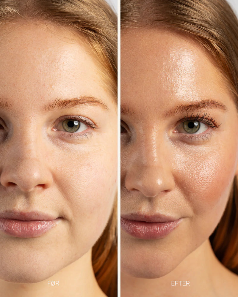 Før og efter af en flot kvinde med udsøgt lagt makeup fra Sanzi Beauty.