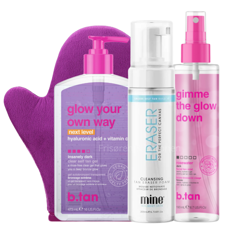 b.tan – Glow Your Own Way - Next Level Clear tanning gel 💜 Gimme Tan mist, Minetan Tan Eraser Ultra Cleanser & handske