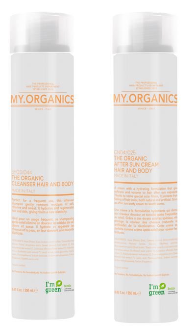 To elegante hvid flasker med orange skrift. After Sun og Cleanser Hair and Body fra MyOrganics
