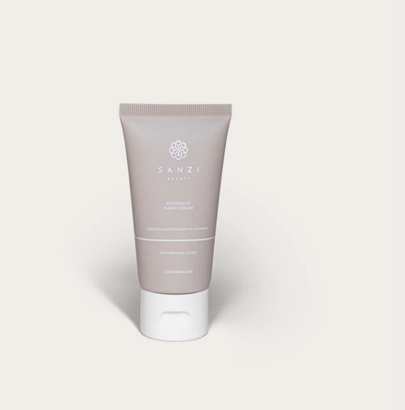 Sandfarvet tube med hvid top og logo. Sanzi Beauty Softening Hand Cream