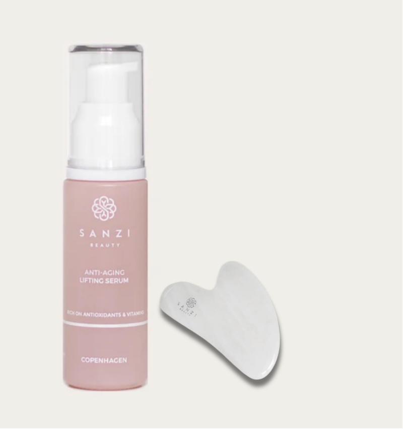 Sart lyserød beholder med hvid pumpe og logo. Sanzi Beauty Anti Aging Lifting Serum.