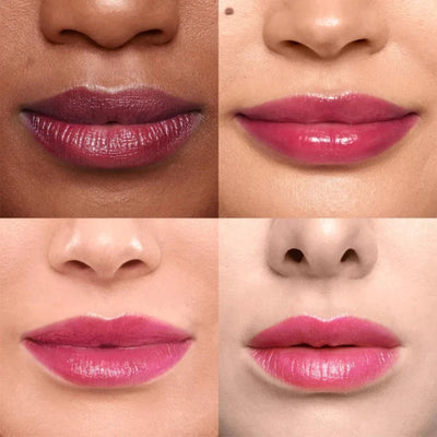 eksempel på fire nuancer af den fantastiske Wonderskin læbestift lagt på en model.