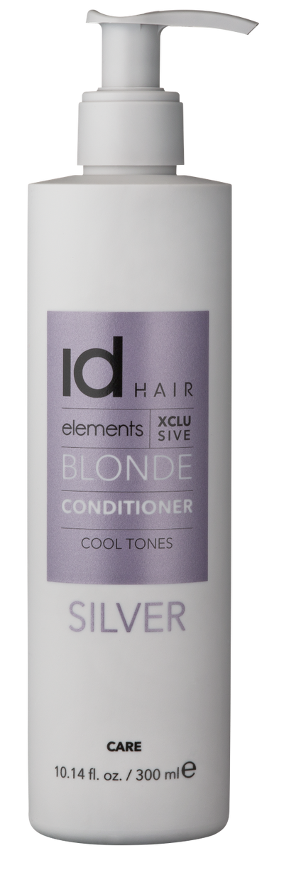 Hvid beholder med pumpe og lilla metallic logo. Id Hair Xclusive Blonde Conditioner.