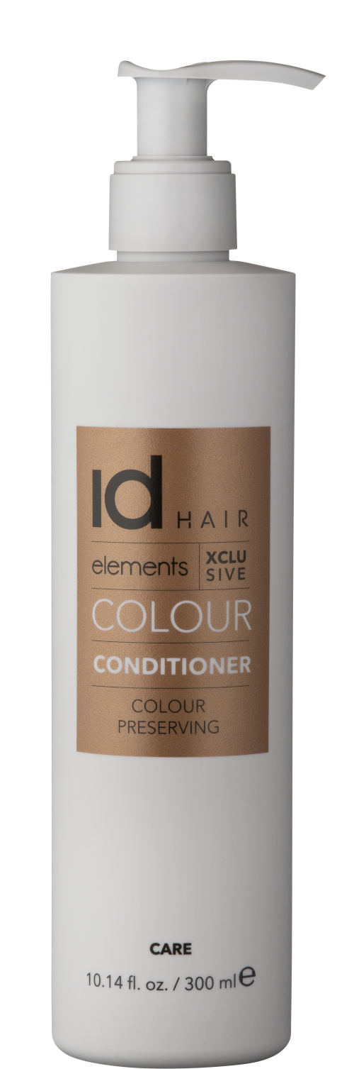 Hvid beholder med pumpe og guld logo. Id Hair Elements Xclusive Colour Conditioner.