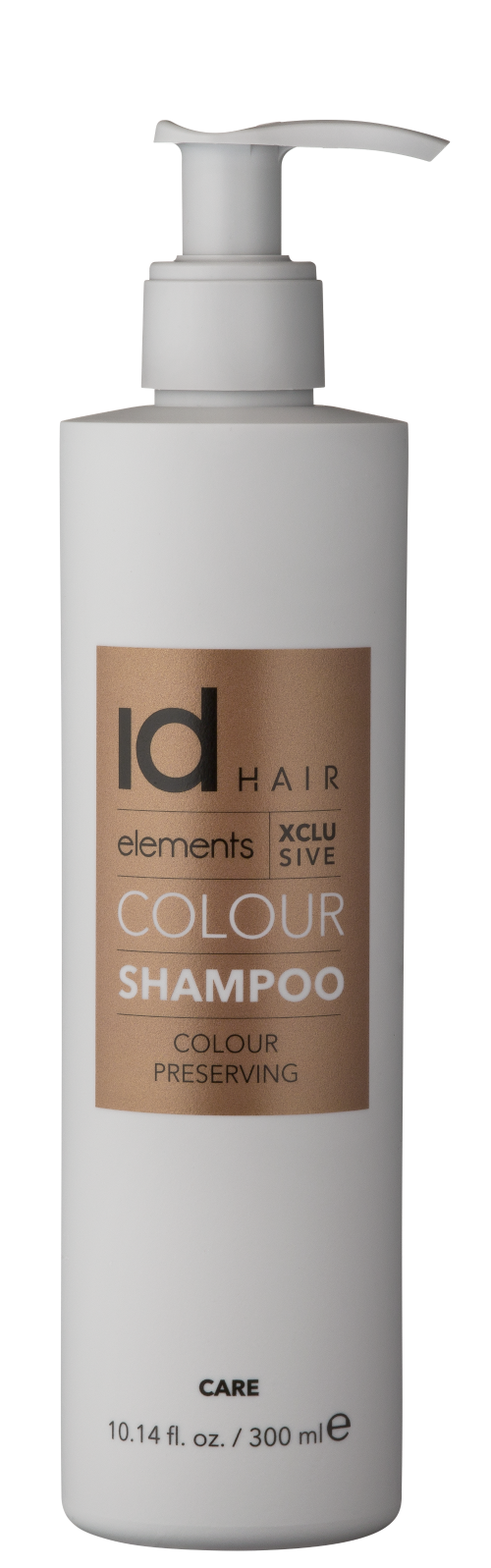 Hvid beholder med pumpe og guld logo. Id Hair Xclusive Colour Shampoo.