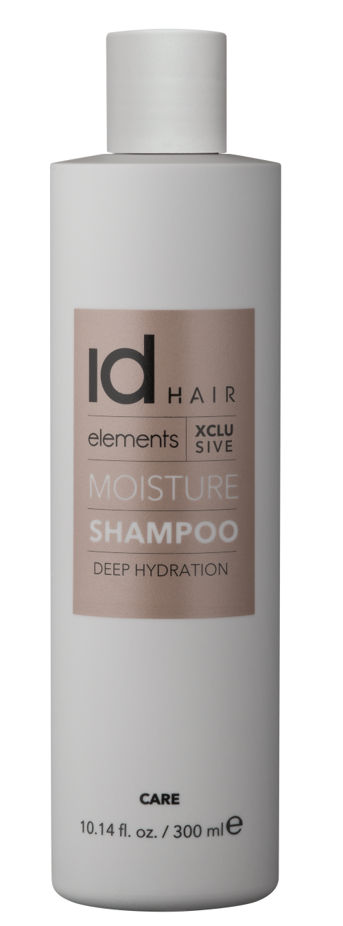 Hvid beholder med bronze logo. Id Hair Elements Exclusive Moisture Shampoo