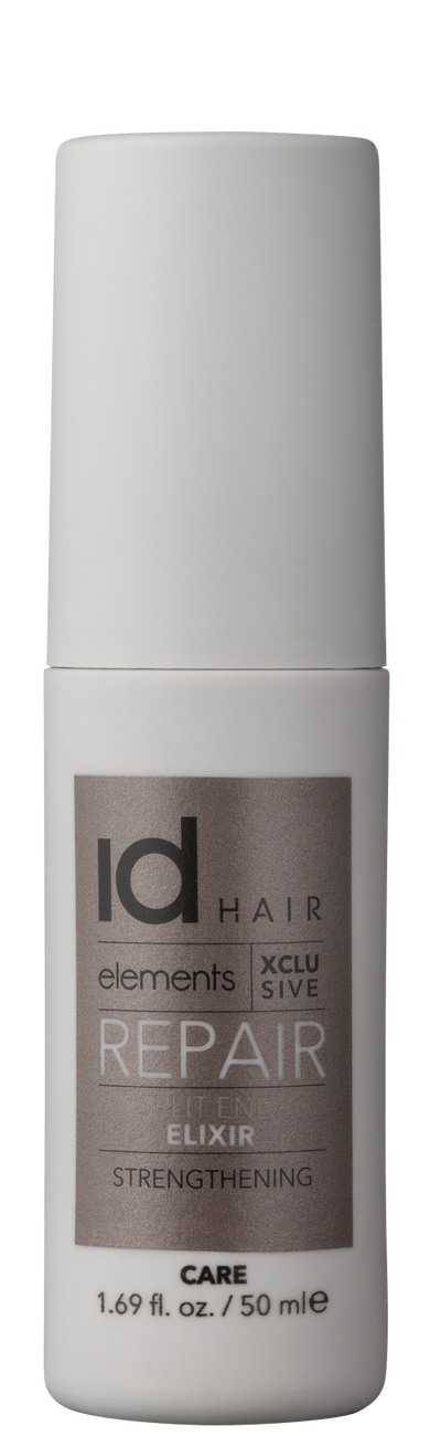 Hvid spray med mørk metallic logo. Id Hair Elements Xclusive Repair Split End Elixir
