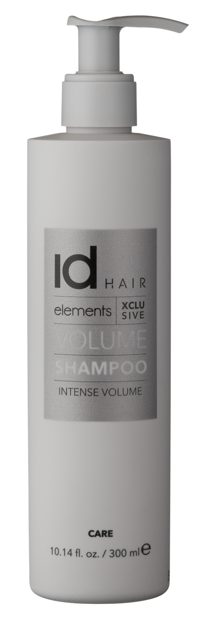 Hvid beholder med chrome logo. Id Hair Elements Xclusive Volume Shampoo