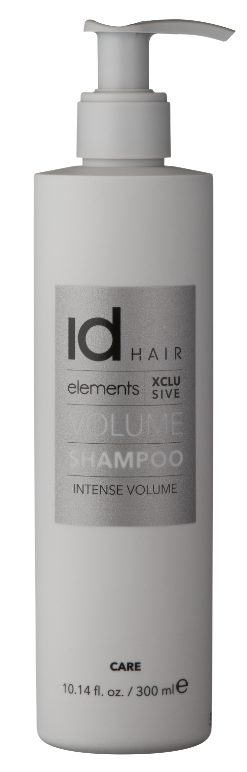 Hvid beholder med chrome logo. Id Hair Elements Xclusive Volume Shampoo