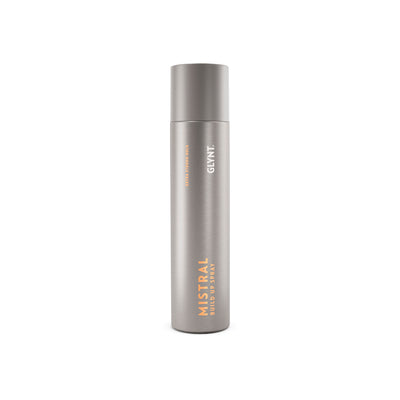 Moderne mørk metallic grå spray med orange skrift og hvidt logo. Glynt Mistral Build Up Spray.