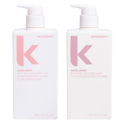 To hvide beholdere med pumpe. en med Lilac skrift og logo, en med pink. Kevin Murphy Angel Wash + Rinse.