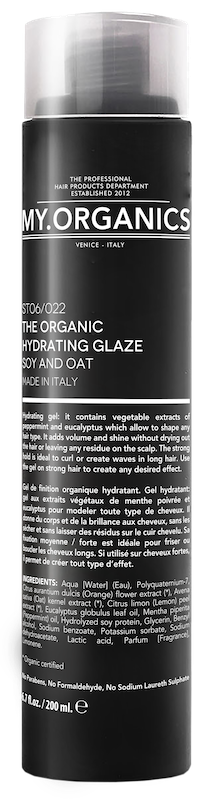 Sort stilren flaske med hvid skrift. My.Organic Hydrating Glaze.