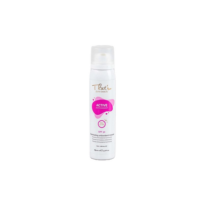 Hvid spray med organisk pink og guld logo. Thatso Active Antioxidant SPF30 Gold Filter.