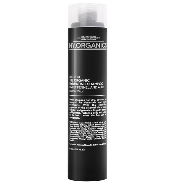 Sort flaske med hvid skrift. Hydrating Shampoo fra My.Organics.