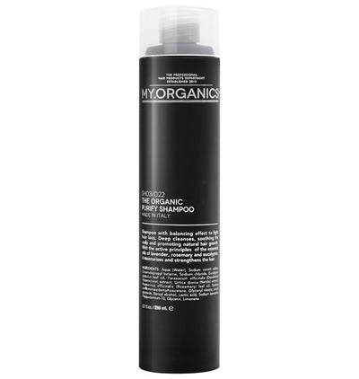 Sort flaske med hvid skrift. Organic Purify Shampoo fra My.Organics.