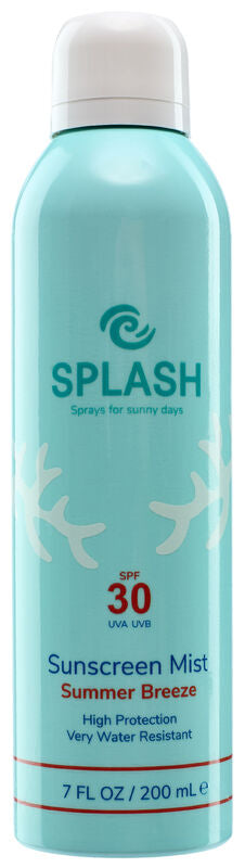Frisk lyseblå spray med hvid top. Splash Summer Breeze Sunscreen Mist SPF 30